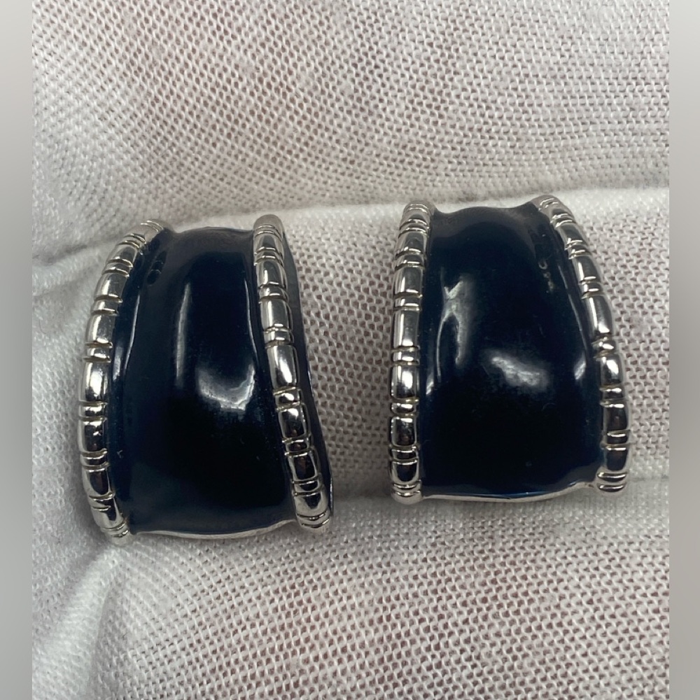 St. John Vintage Black Half Hoop Silver  Clip On Earrings - Picture 8 of 15
